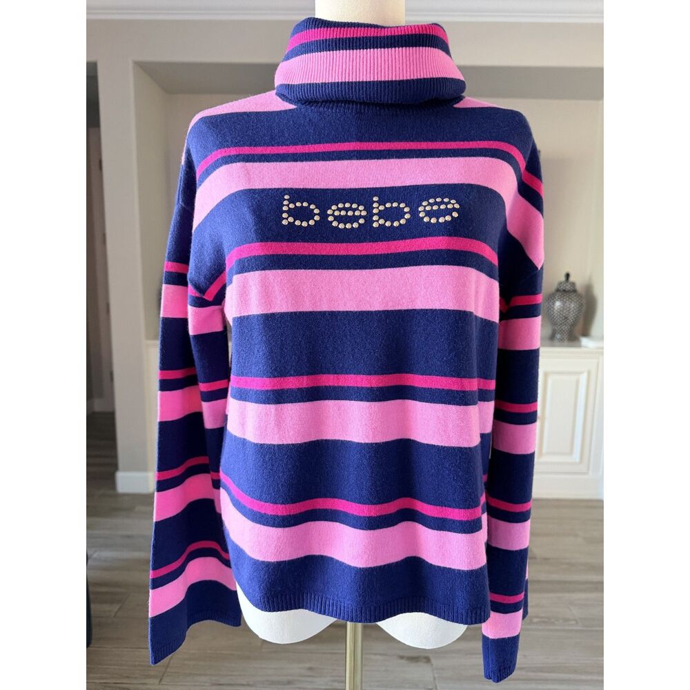 Bebe Striped Turtleneck Sweater Rhinestone Logo Navy Pink Size S NWT